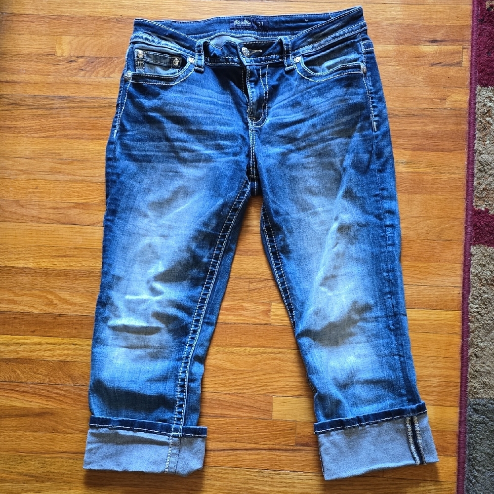 Miss Me Blue Ankle Cropped Jeans with Distressed Details